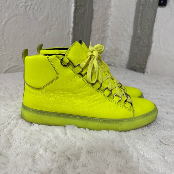Balenciaga Arena Leather High Neon Sneakers Yellow 433296 Size 38 - Picture 1 of 12